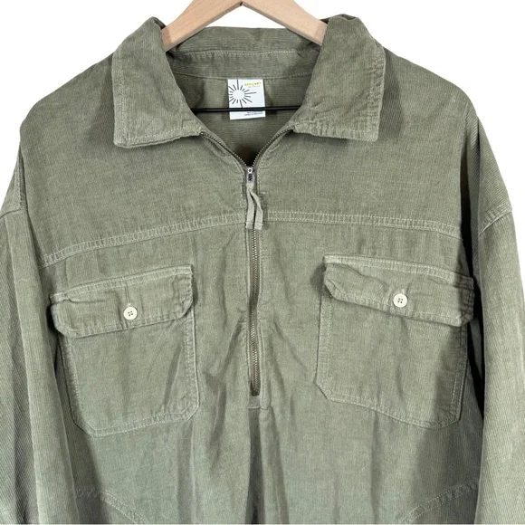 Aerie Offline Large Corduroy Raw Hem Long Sleeve Cotton Oversized Green 1/4 Zip - Picture 2 of 12